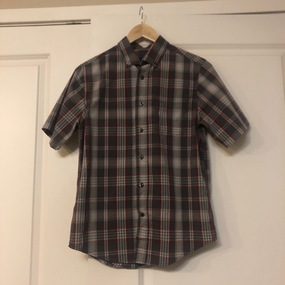 George Plaid Grey Red Buttondown Men's SMALL Classic Fit
